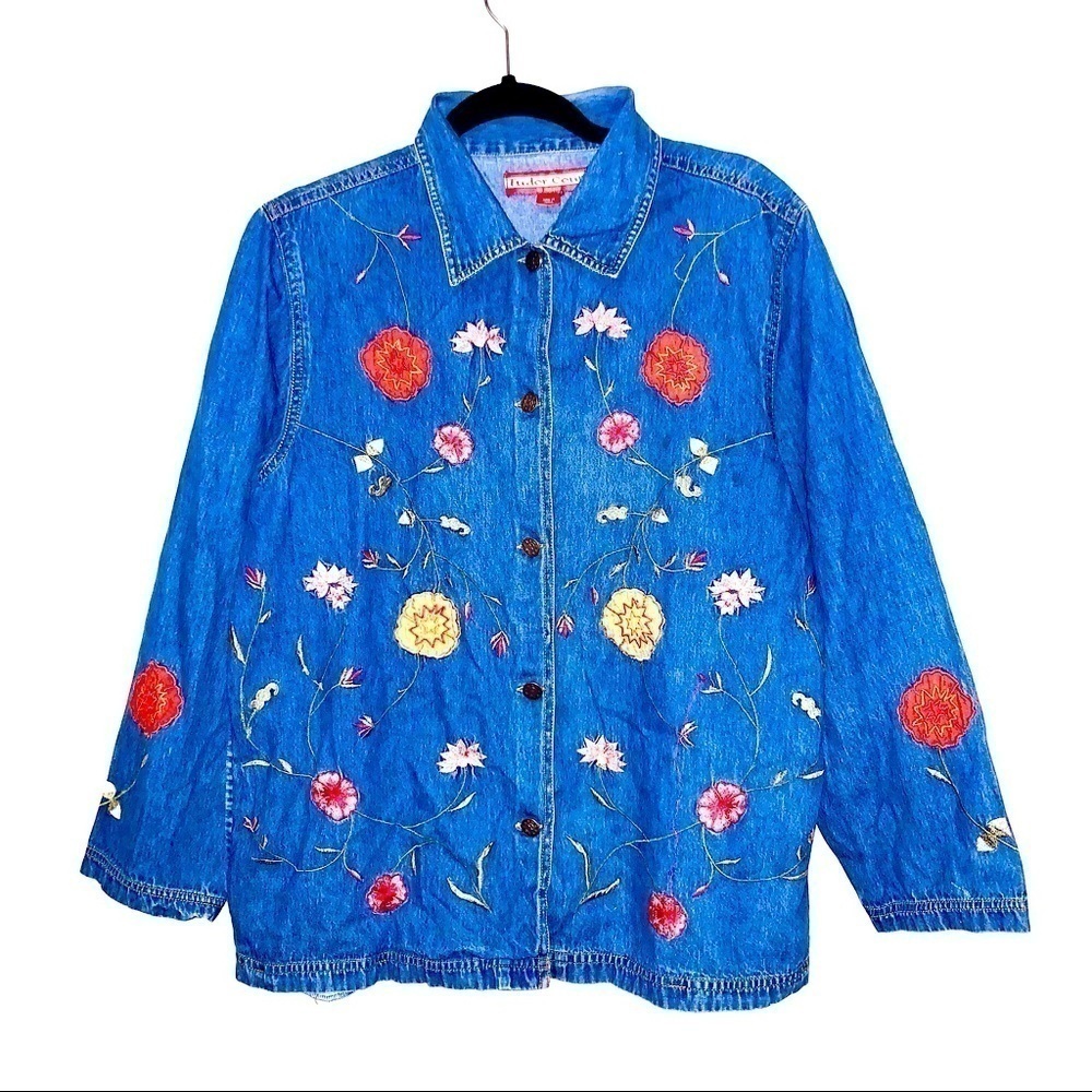 Tudor Court Vintage Denim Embroidered Floral Blouse